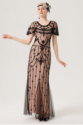 Schwarzes rosa Paillettenkleid aus den 1920er Jahren